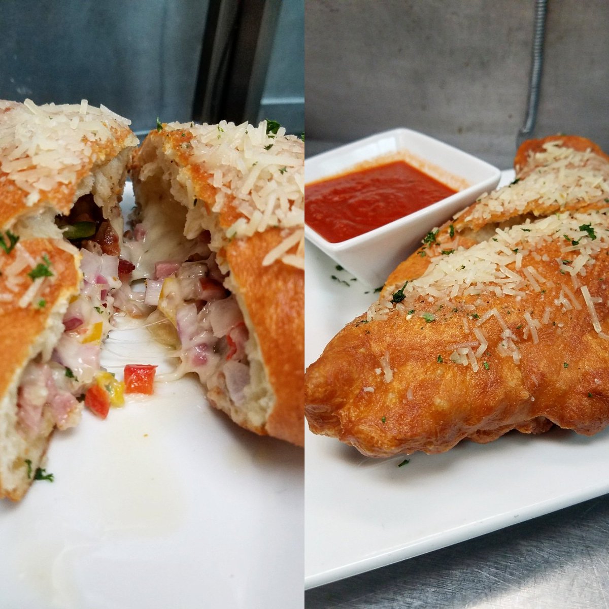 Come try our Fried Calzone today on our chalkboard #specials! With ham, bacon, sausage, red onion, bell peppers &amp; mozzerella cheese with a side of marinara. #seadogbrewing #seadogbangor #bangor #bangormaine #mainerestaurants #BangorME #calzone