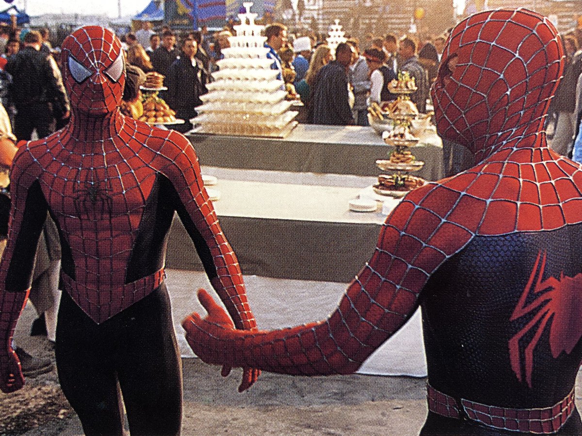 Spider-Man (2002) Multiple Spider-Men are standing by during each scene.