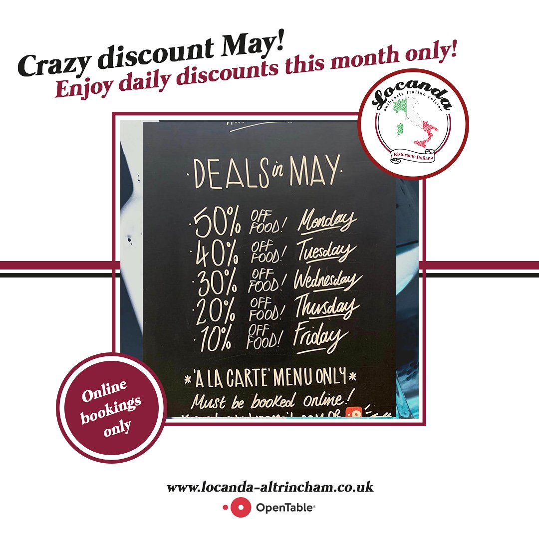 _locanda_'s tweet image. 🤪 Crazy discount May! 🤪

Throughout May we are offering daily discounts on our a la carte menu - available through online bookings only.

Visit locanda-altrincham.co.uk
or reserve via @OpenTableUK app

🇮🇹💕🍝🍹🦐🍷🍰

@AltrinchamBID #altrincham