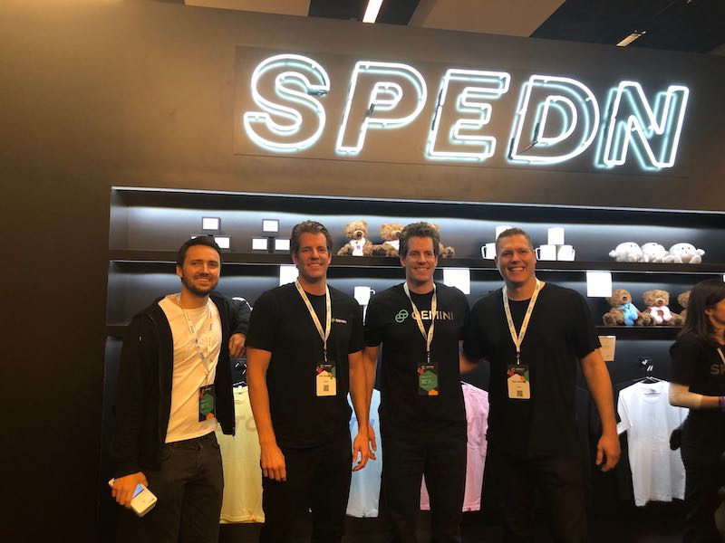 Gemini's tweet photo. Powering the future of #crypto payments with our founders, Cameron @winklevoss and @tylerwinklevoss, at the @FlexaHQ store at #Consensus2019 #CryptoNotCredit https://t.co/6kYsOpX8JO https://t.co/VjGKEaeQL8