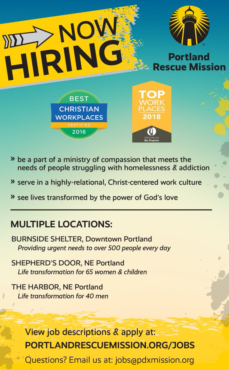 pdxmission's tweet image. We are hiring for multiple locations at Portland Rescue Mission! If you have a heart to help your neighbors in need, this is a great opportunity for you! 

Come join us! #EmpoweringPortland #RecoveryHappensHere #HopeAndRestoration #OpportunitiesInPortland

buff.ly/2JKM4bV
