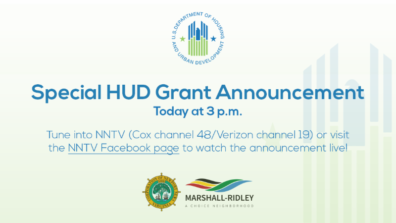 CityofNN's tweet photo. Join us at 3 p.m. for a special HUD Grant Announcement. Watch live on Cox Channel 48/Verizon channel 19 or the NNTV Facebook page. https://t.co/HCS8oFRqPC