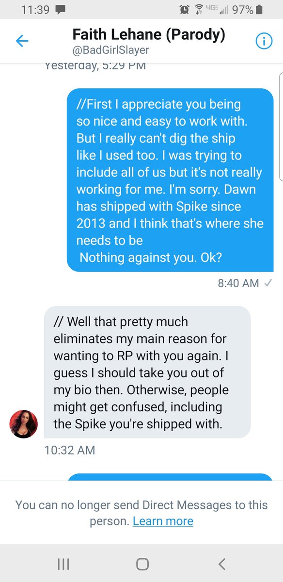 // Here was the response when I tried to break it off nicely. Just so everyone knows. I will block this kind of alienating rude personality