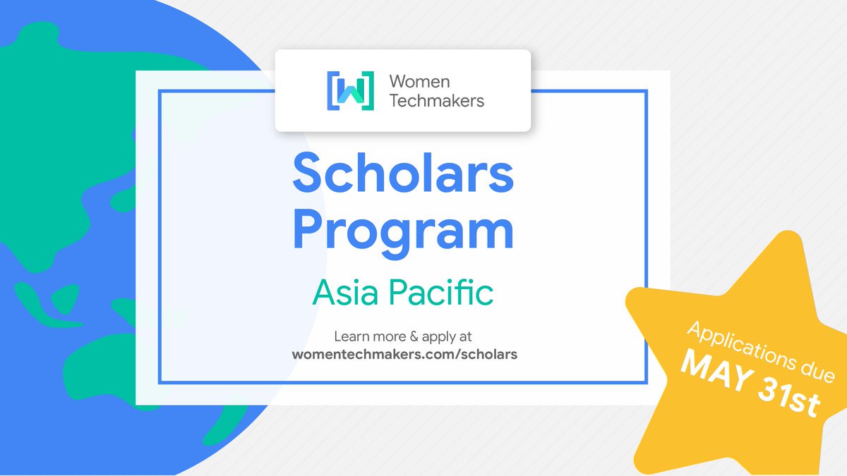 GoogleDevsIN's tweet image. 📢Calling all students 

Applications for our Asia Pacific Scholars Program are still open and we want YOU to apply 🙌🏾👩🏾‍🏫📚
Application deadline:  May 31, 2019

Learn more here → womentechmakers.com/scholars