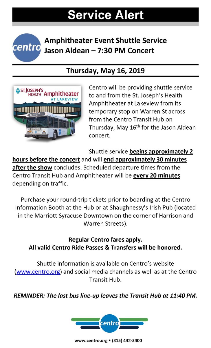 Centro (@gocentrobus) on Twitter photo <a href="/GoCentroBus/">Centro</a> is providing shuttle service to/from the @StJosephsAmp on Thursday, May 16 for the <a href="/Jason_Aldean/">Jason Aldean</a> Ride All Night Long concert starting at 5:30pm from the Warren St temp stop. Tix available at the Centro Info Booth and <a href="/MarriottSYR/">Marriott Syracuse</a>. #GoCentroBus #SummerConcertSeries <a href="/GoCentroBus/">Centro</a> is providing shuttle service to/from the @StJosephsAmp on Thursday, May 16 for the <a href="/Jason_Aldean/">Jason Aldean</a> Ride All Night Long concert starting at 5:30pm from the Warren St temp stop. Tix available at the Centro Info Booth and <a href="/MarriottSYR/">Marriott Syracuse</a>. #GoCentroBus #SummerConcertSeries