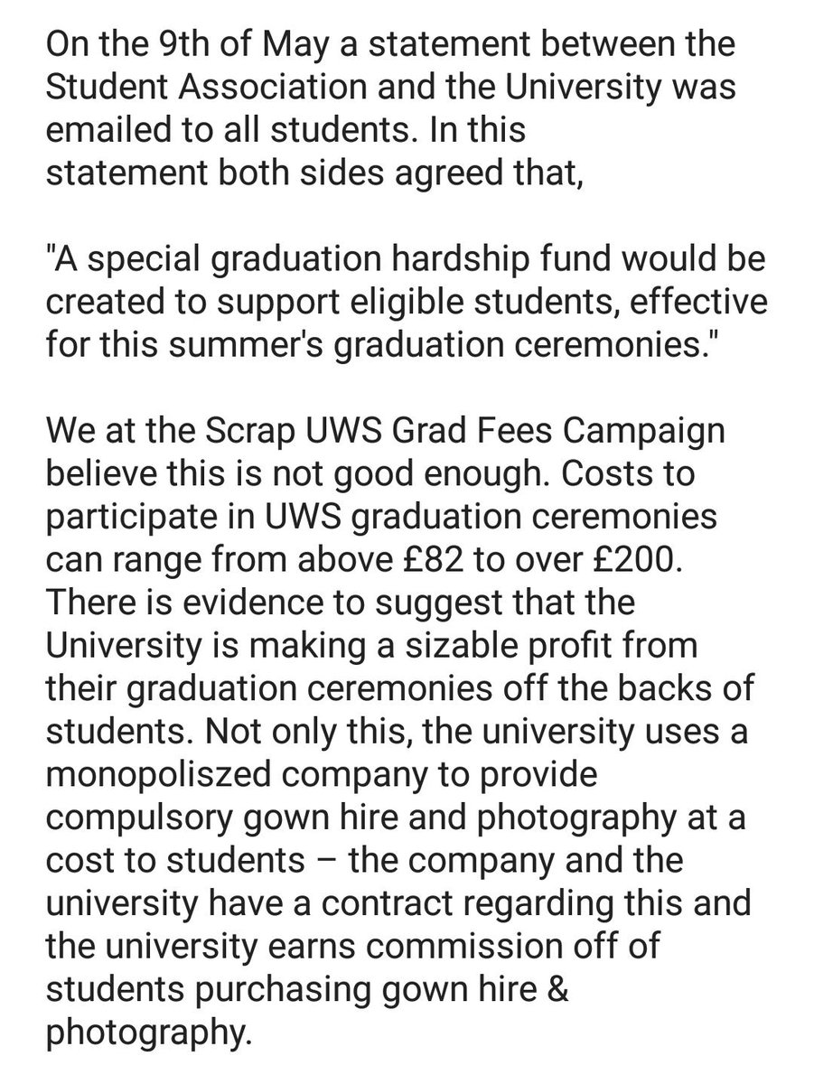 scrapuwsgradfee's tweet photo. Today we are releasing our statement on the deal that was made between @UWSstudents and @UniWestScotland on graduation fees. Our stance is this deal is not good enough. We will be meeting soon to discuss further actions if you would like to get involved please message us. https://t.co/8ASGkm7i0B