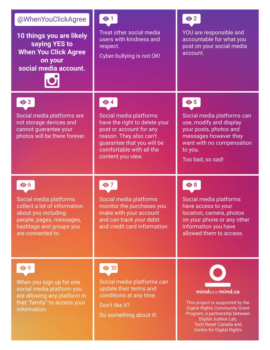 mindyourmind_ca's tweet photo. Check out our WhenYouClickAgree #DigitalRights campaign on INSTAGRAM!
Learn 10 things you may be saying yes to when you sign up for a social media account!
Thank you to @digitaljustlab for your support!
#conditionsmayapply #themoreyouknow #plainandsimple #readbeforeyouclick https://t.co/FFzgupmI1E