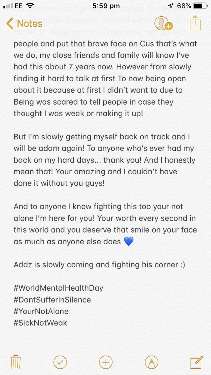 #MentalHealthWeek2019 #sicknotweak #mystoryisntover #semicolon 

Hey guys it’s me adam! Here’s a small part of my story just to remind you all times maybe hard at first but I promise it gets brighter 💙 your worth so much never forget that 🙌🏻💙