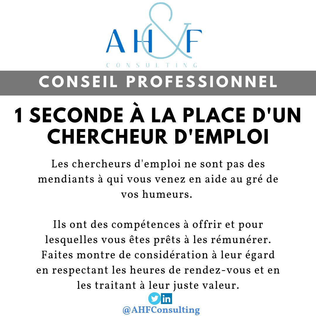 AHFConsulting's tweet photo. #ConseilProfessionnel |
Et si vous preniez 1 seconde à la place d’un chercheur d’emploi ?
#1seconde #consideration #AHFConsulting #RDC https://t.co/HnO6XLCVJP
