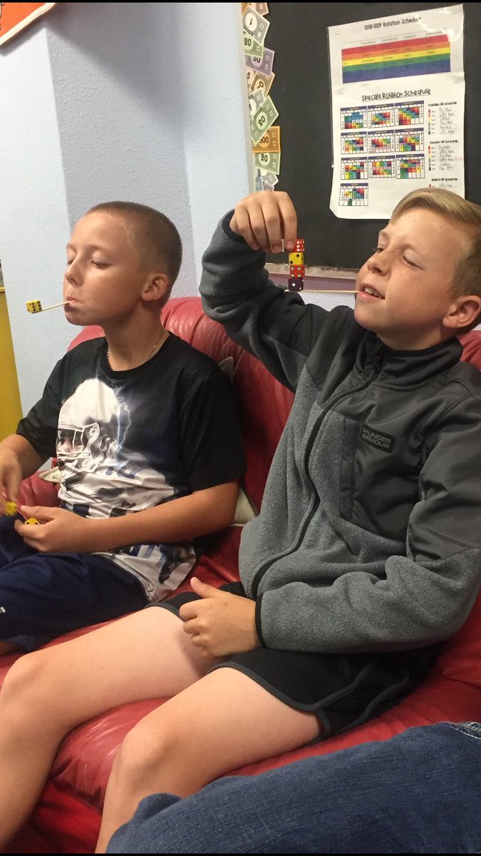 Math Olympics continued. Multiplication Dice Stack.                   It helps to keep the stick far back in the corner of your mouth and have one eye opened.  And don’t breathe!  #kidtweet   #legacyAES