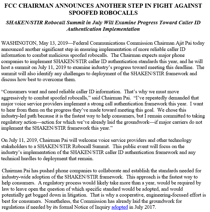 AjitPai's tweet photo. To help address #robocalls--top category of consumer complaints to @FCC--I've demanded that phone companies implement caller ID authentication standards this year. On July 11, we'll host a summit to assess their progress. If the deadline isn't met, we'll take regulatory action. https://t.co/hQyDOTg9R0