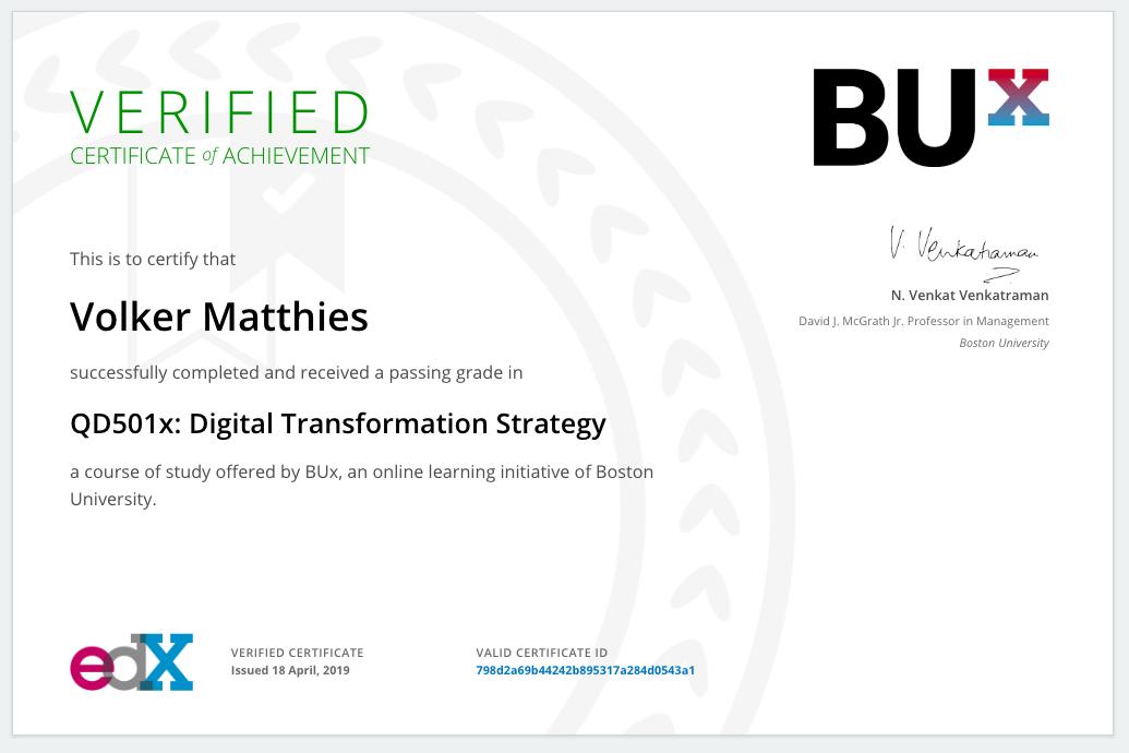 Wieder was gelernt übers Digitale. Intensive Einblicke, wie #DigitaleTransformation zu meistern ist. Studieren macht Spaß! Thanks Uni Boston, <a href="/edXOnline/">edX</a> &amp; <a href="/Venkat101/">Venkat Venkatraman</a>.
