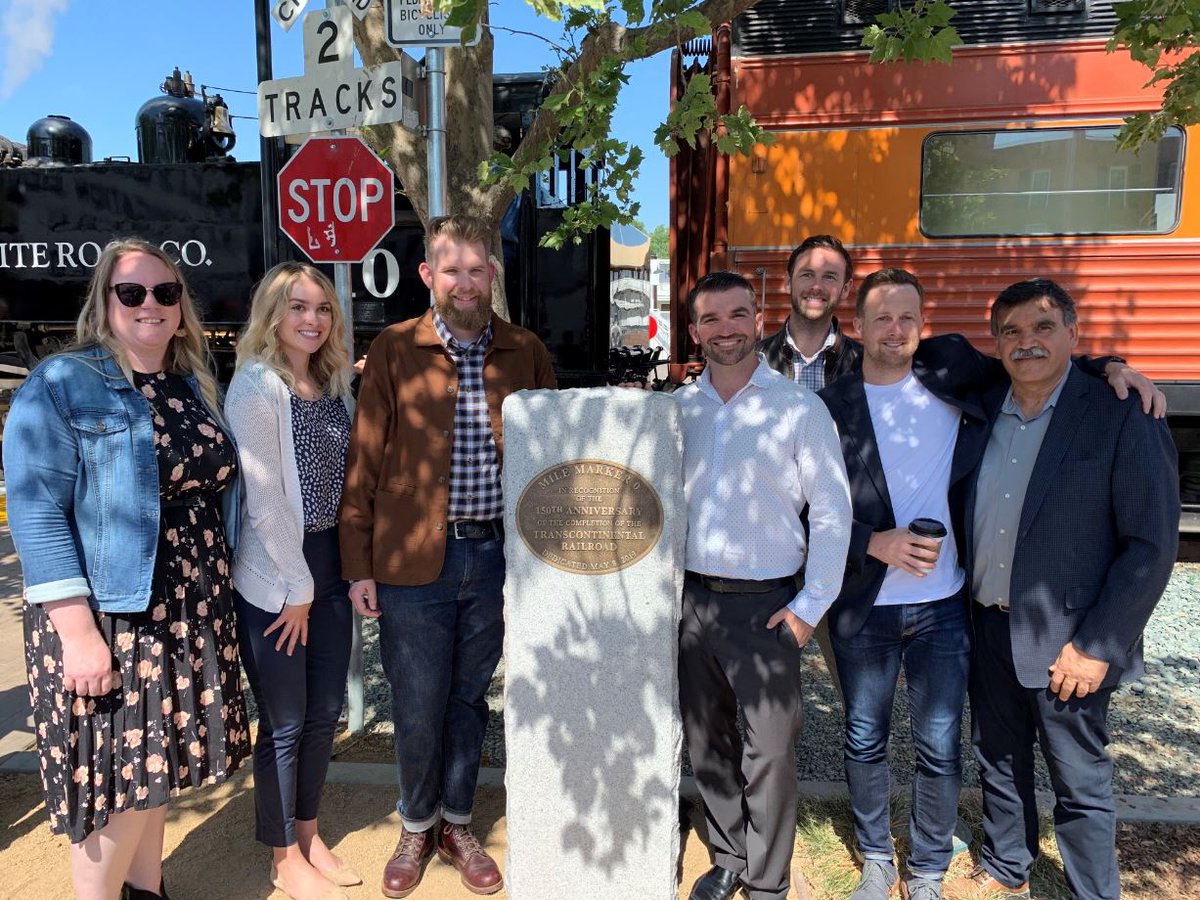 Stantec's tweet image. Honored to be on-site for the unveiling of a special monument and interpretive sign (which our team members helped envision) for the 150th anniversary of the Transcontinental Railroad, alongside @CSRM_Foundation. Thrilled to have a table at the event Gala as well! #railroad150