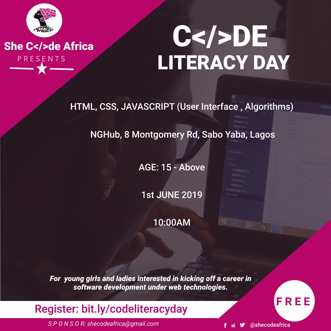 aigehi's tweet image. Tell a sister, girlfriend, neice, friends and all ladies in your circle that attendance to @SheCodeAfrica #CodeLiteracyDay is free. We can&apos;t wait to see you all 💗