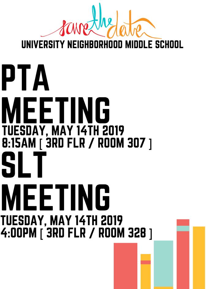 UNMSRocks's tweet photo. #BonusReminder Upcoming Events @ #UNMS: Tuesday, May 14th, 2019 = PTA Meeting 8:15am &amp; SLT Meeting 4:00pm / Friday, May 17th 2019 = College Readiness &amp; Career Day [ALL DAY EVENT] #UNMSRocks #PTARocks #SLTRocks #TogetherWeMakeTheDifference https://t.co/DntLb4DZdk