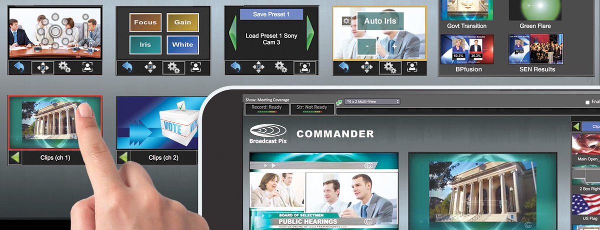 BroadcastPix's tweet photo. Take Control of your remote #videoproductions with the Commander control interface. Commander makes it easy to control your #productionswitcher and cameras from a touchscreen, tablet or even your smartphone. Get Commander today, available now for all #BPswitch systems. #InfoComm https://t.co/lMhTLGUOZb