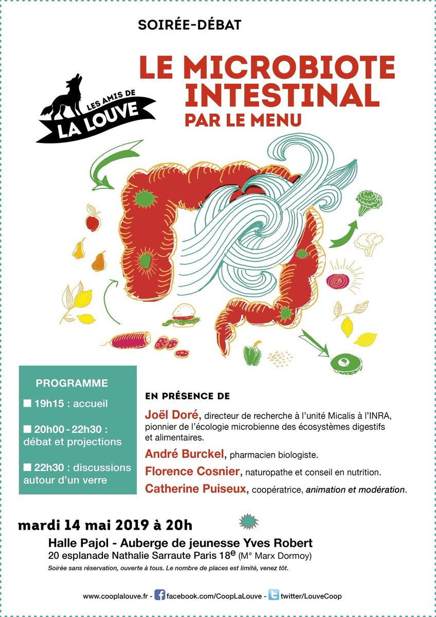 L'association Les Amis de La Louve vous invite:

Soirée débat Le microbiote intestinal par le menu

Le mardi 14 mai à 20 h à l'auberge de jeunesse Yves Robert (salle République), #Paris18

Plus d'infos: bit.do/eShWx