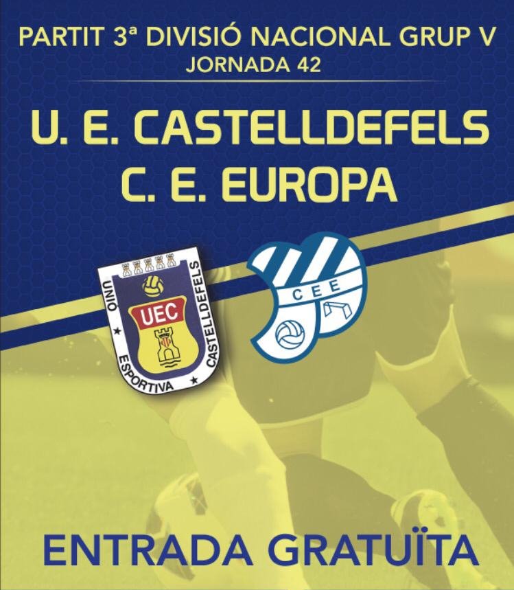 uecastelldefels's tweet photo. 📆 Aquest proper diumenge 19 de maig:
📌 @uecastelldefels - @CEEuropa (12h; Els Canyars)
👉 Els grocs buscaran els 3 punts per acabar 16ns i evitar en major mesura els possibles descensos compensats de Segona B.
👏👏 Dóna suport l'equip!
#ENTRADAGRATUïTA #Objectiu43punts https://t.co/YFERvt8fcw