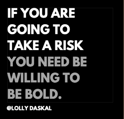 LollyDaskal's tweet photo. If you are going to take a risk, you need to be willing to be bold.
- @LollyDaskal https://t.co/pVKqaI7YVf #TheLeadershipGap #Book #Leadership #Management #HR #Quote #Motivation #Inspiration https://t.co/crupNwHJDb