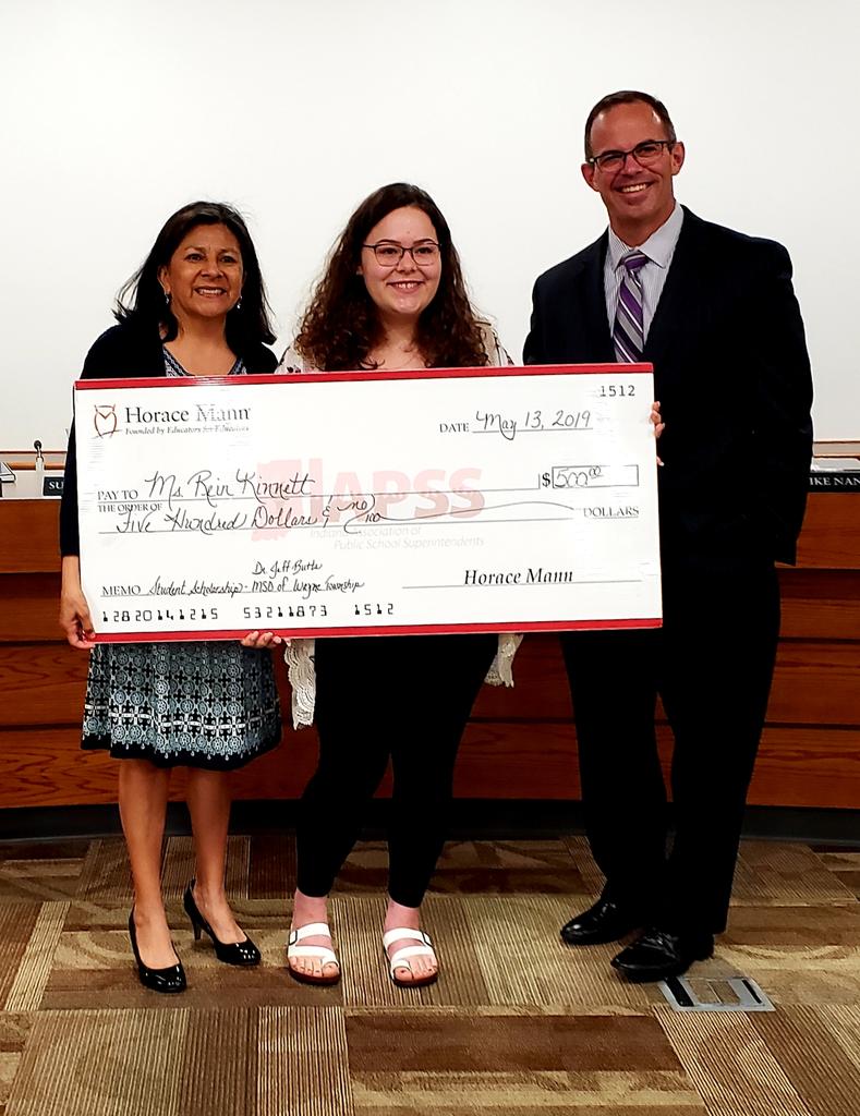 radaugherty's tweet photo. Congratulations to @KinnettRien who was awarded the Horace Mann Educator Scholarship on behalf of Dr. Butts! Thank you @WayneTwpSuper! #WeAreWayne @BDUtv_News https://t.co/I3MxnjFZfw