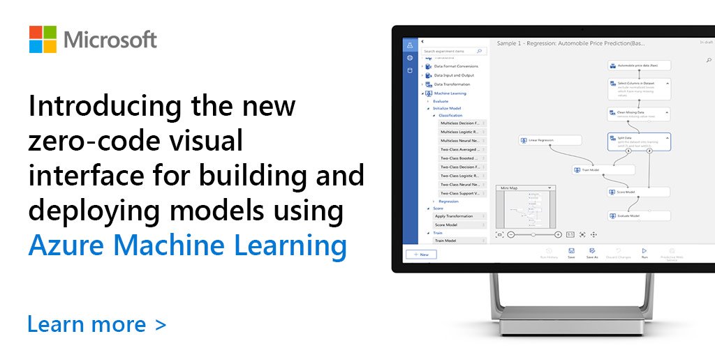 Azure's tweet image. Introducing the new zero-code visual interface for building and deploying models using #AzureMachineLearning. Learn more and start your machine learning journey today. msft.social/PmRKnR #AzureAI