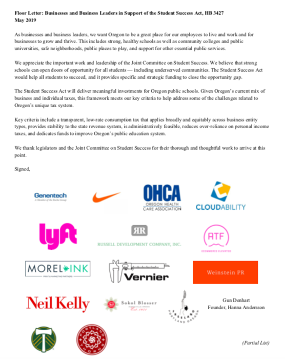 Oregon businesses support the Student Success Act!  

"As businesses and business leaders, we want Oregon to be a great place for our employees to live and work and for businesses to grow and thrive."

#YesonStudentSuccess #orleg #orpol