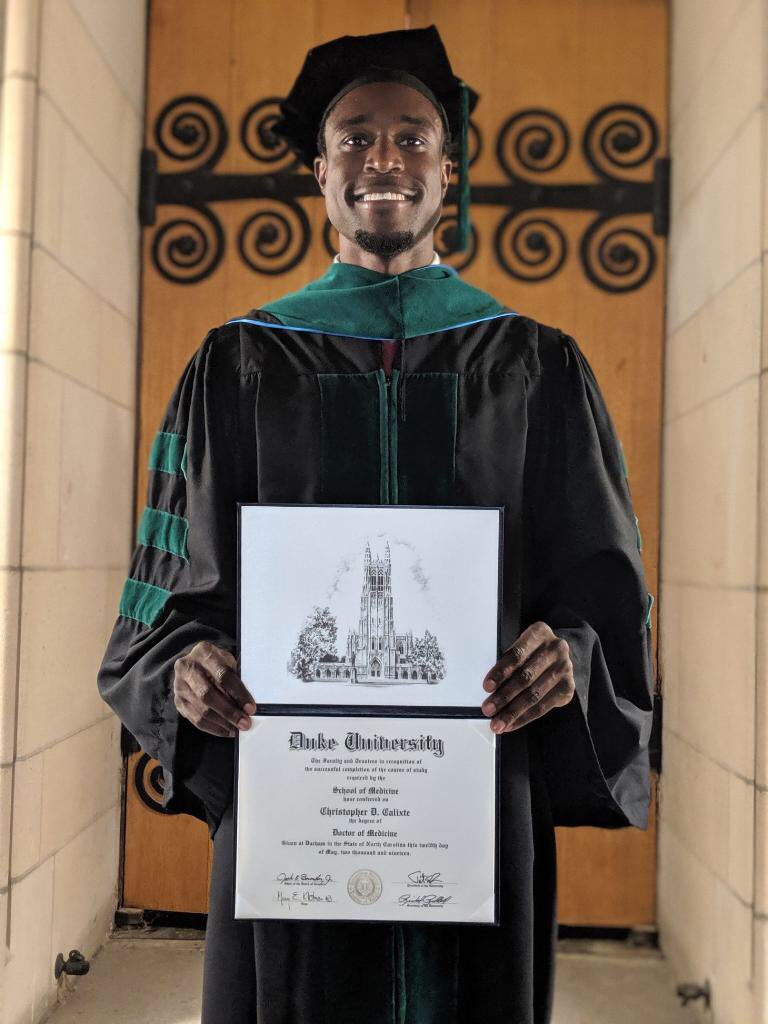 ChrisCalixteMD's tweet photo. Finally a graduate of @DukeMedSchool!! I’m honored to join the ancient fold that is Medicine. I promise to remind myself every day of the privileged opportunity I have in healing others as a career. What a feeling! #DrCalixte #MDForLife #ChooseYourSuperPower #RadiologyActivated https://t.co/m9n2MigEF0