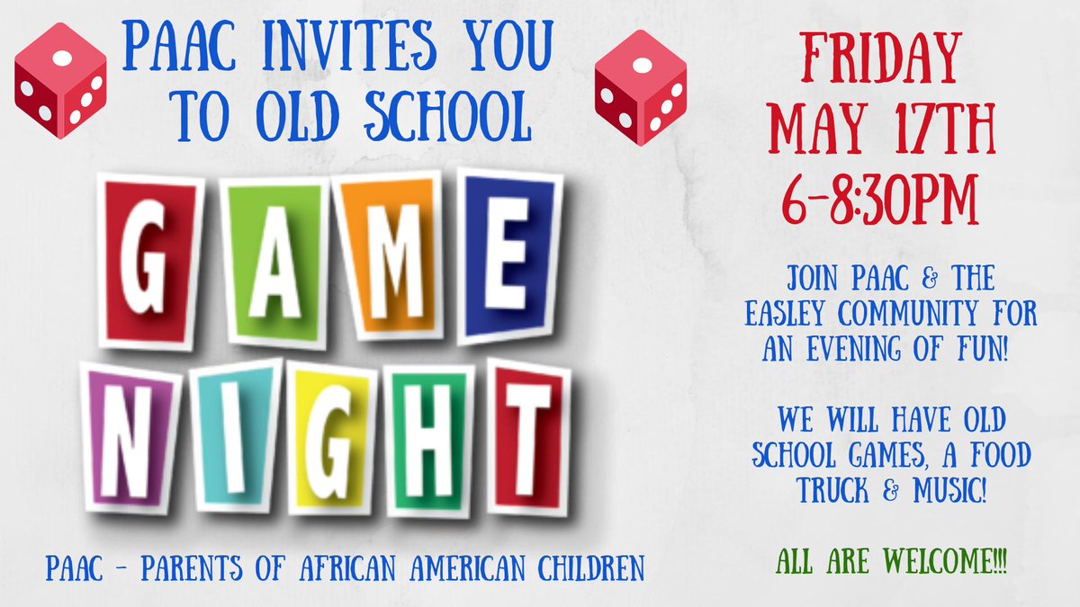 EasleyPTA's tweet photo. TONIGHT!! Old School Game Night...come for the fun, games, food and fellowship!  #PAAC https://t.co/sn0AwaeT0C