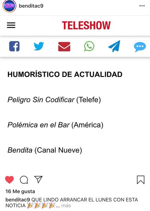Vamos ⁦@BenditaOk⁩!!!??? nominado al #MartinFierro2019 https://t.co/cf1aL1uL9r