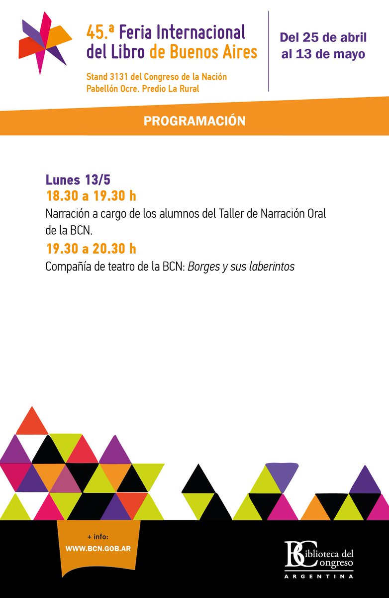 BCNArgentina's tweet photo. #Hoy #lunes 13 de mayo

¡Último día en la Feria Internacional del Libro de Buenos Aires!

#StandCongreso, Pabellón Ocre, stand 3131

#BCNArgentina #FILBuenosAires #libros @ferialibro https://t.co/i3rqkBUb8d