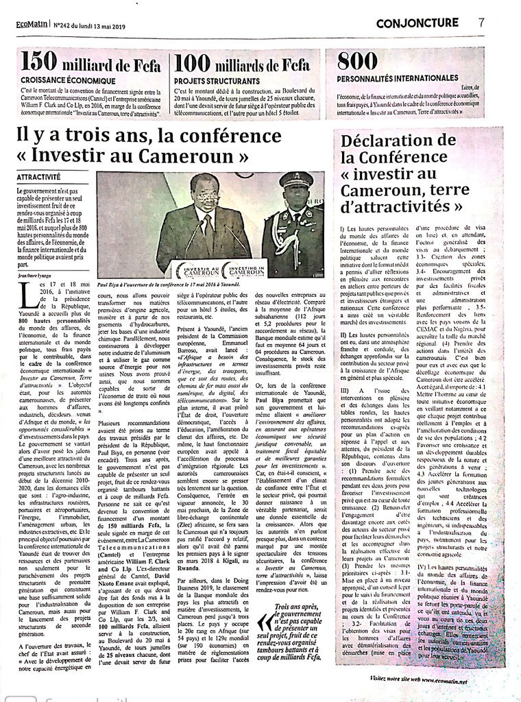 aristidemabatto's tweet photo. Il y a 3 ans, l'État du Cameroun depensait des milliards pour accueillir des has-been de la finance internationale. 

Aucun acte concret depuis lors.

Hello @TMarcelTSIMI, on a répondu à ta lettre ouverte ?

@ECOMatin1 https://t.co/ByaSRdv6c6