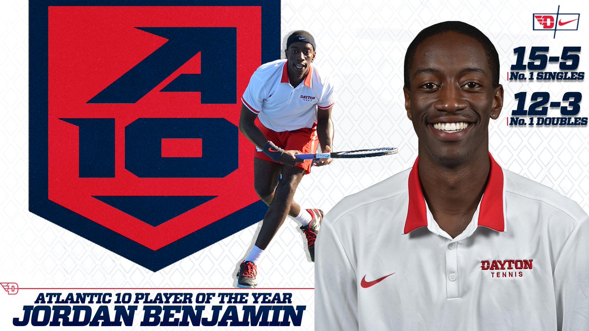 UDFlyerTennis's tweet photo. BACK-TO-BACK 🏆🏆

Jordan Benjamin has been named the Atlantic 10 Player of the Year for the second straight season! Benjamin racked up 15 wins at the No. 1 spot in the singles lineup in 2019 and he was also named First Team All-Conference for the fourth consecutive year 👀 https://t.co/Ly8mpkdzdT