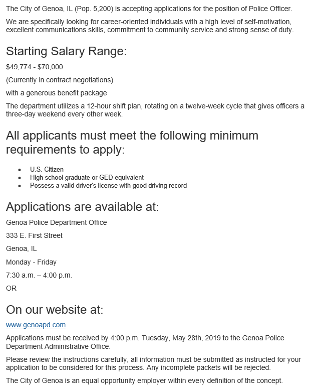 Genoa_PD's tweet photo. We are accepting applications! https://t.co/WtwqoC442M