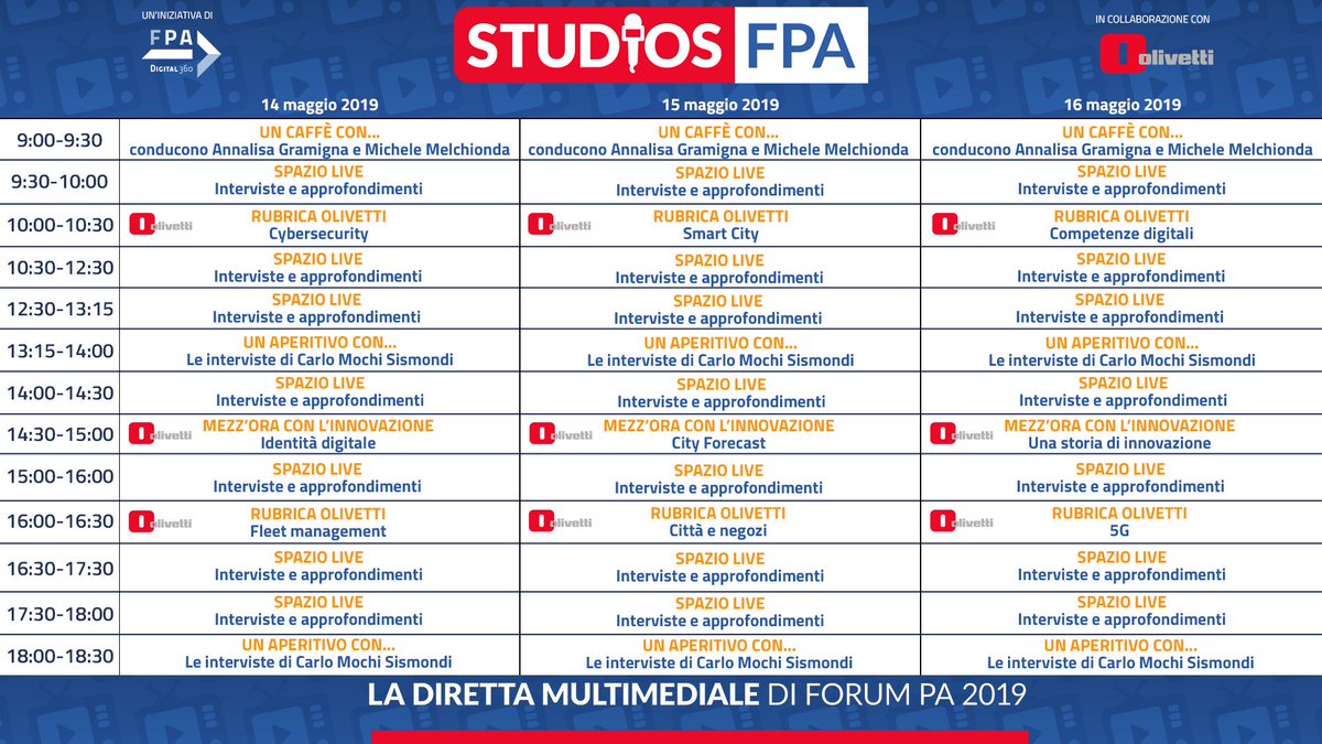 gdt62's tweet photo. Vi aspettiamo da domani al #ForumPA2019 @FPA_net presso gli #StudiosFPA by #Olivetti in una nuova #StoriaDiInnovazione per interventi live di @OlivettiOnline @TIM_Official @TITrustTech #Telsy #WAY insieme a #RobotTIM e #P101 

#SmartCity #BigData #5G #DigitalIdentity #Formazione https://t.co/46lH4n3a2D