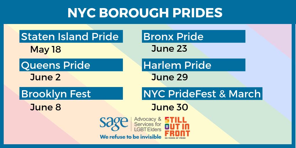 sageusa's tweet photo. SAGE is proud to partner with @Aetna for this monumental Pride 2019. Not only is it World Pride, it’s the 50th anniversary of the Stonewall uprising! Celebrate #Stonewall50 with us at the various NYC borough Prides happening across the city. #StillOutInFront https://t.co/XXQQIiwYjH