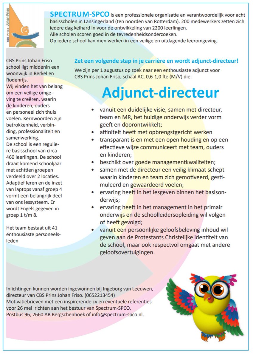 Toe aan een nieuwe uitdaging?
Leuke baan binnen Spectrum-SPCO: 
Adjunct op de Prins Johan Friso school in Berkel en Rodenrijs. 
#sollicitatie #adjunct