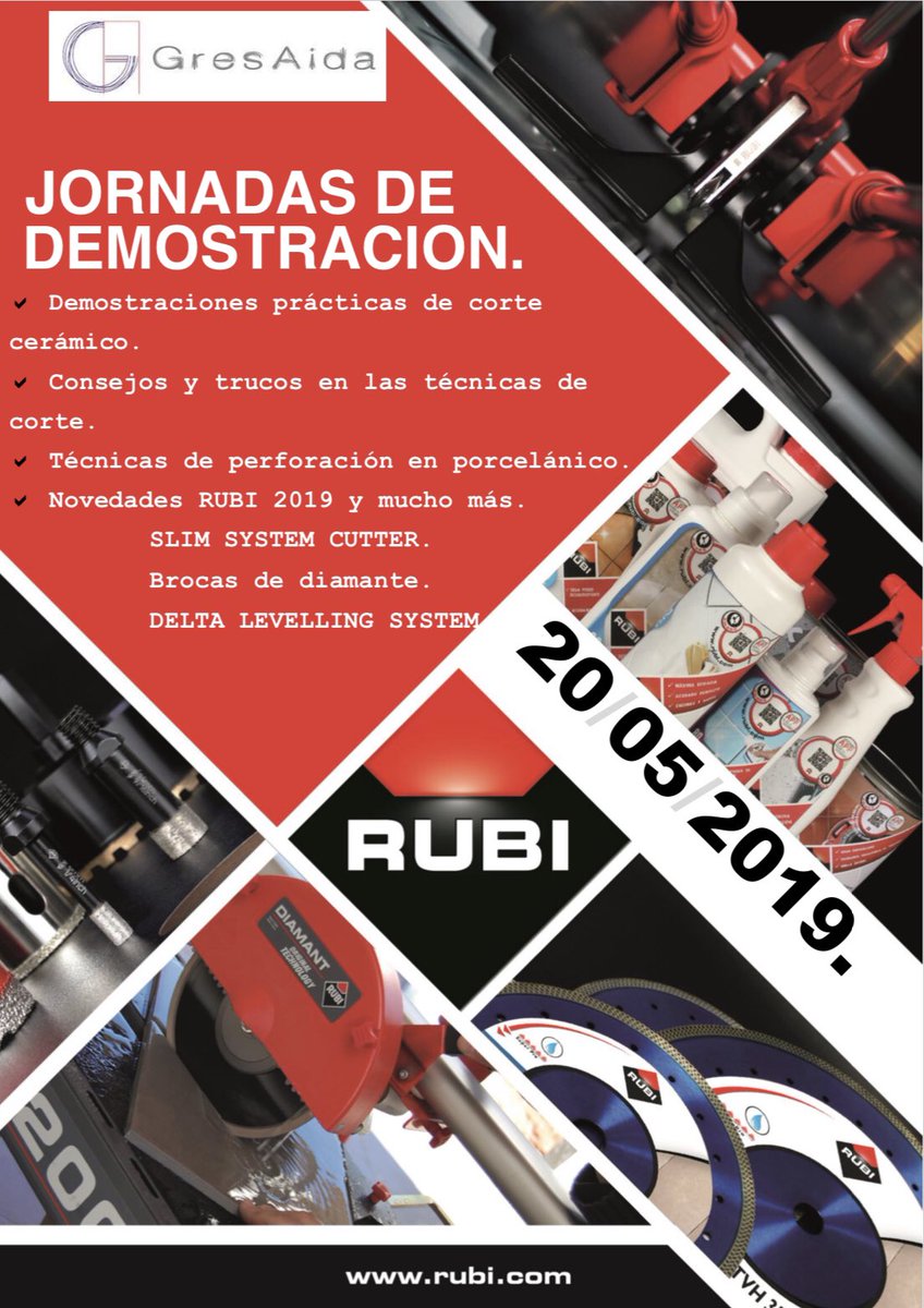 GresAida's tweet photo. ¡Lunes día 20 jornada de demostración de @ClubRubi en @GresAida ! 

Podrás ver demostraciones de:
-Corte cerámico, consejos y trucos 
-Técnicas de perforación
-Limpieza de superficies difíciles
-Novedades 2019

⏰ De 10 a 13/ 15 a 19h.
📍 Poligono Montecristo. C/mayans 68 https://t.co/eoBU1BgqbH