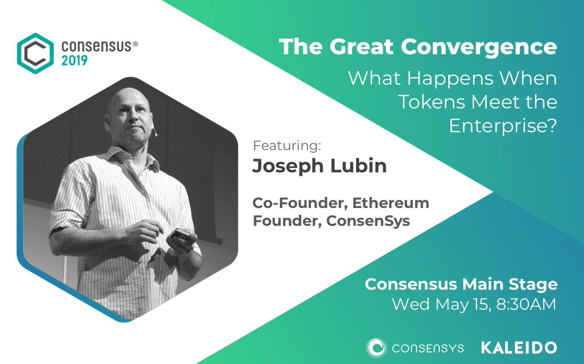ethereumJoseph's tweet photo. At @Coindesk #Consensus2019 this week? Make sure to be at the main stage on Wednesday, 8:30AM, to hear some BIG news from @Kaleido_io and @ConsenSys. We'll be chatting about when enterprise meets tokens with @cerveny_io, @SouleimaBaddi, @jenwieczner, &amp; more. #NYBlockchainWeek https://t.co/Cd1nkzDwSw