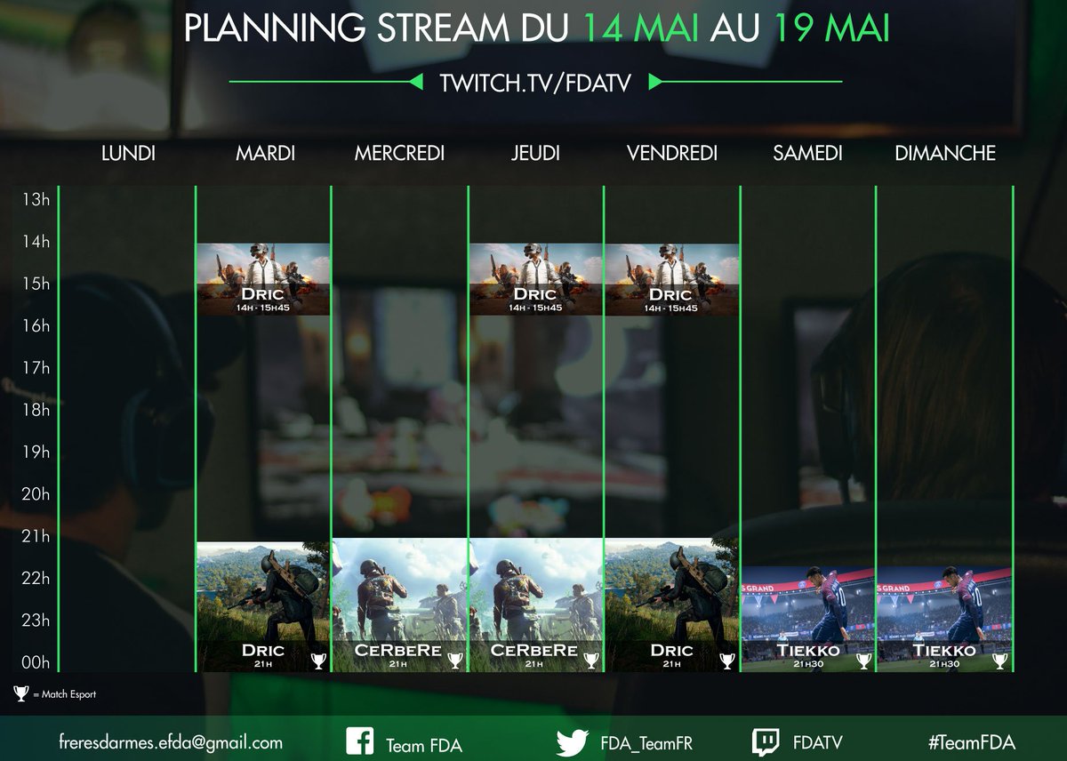 FDAEsport's tweet photo. 📢Bonsoir, le planning des lives pour cette semaine @CupCake_SkunK de la @VulcainT5 sur @BattlefieldEAFR, tiekko de la @ExcelliumE sur @EA_FIFA_France, et dric de la #TheHighLights sur @PUBG. 
➡️Bien évidemment stream sur la #FDATV https://t.co/0vTpnZOjSf https://t.co/d4jxw7Xg8b
