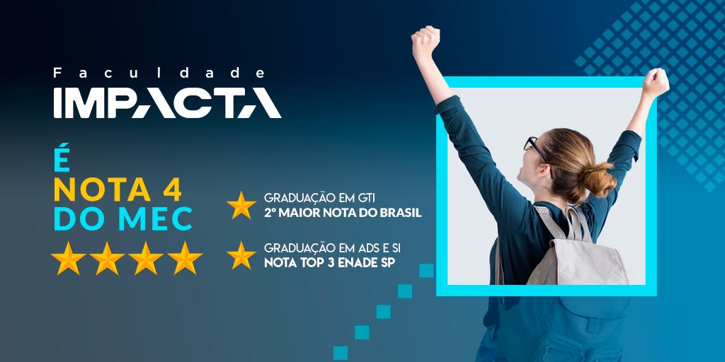 facimpacta's tweet photo. Estamos Orgulhosos! A avaliação de CI – Conceito Institucional – vai de 1 a 5 e considera Corpo Docente, Infraestrutura, Sistema de Aulas Gravadas, Projeto Educacional e mais. Parabéns alunos, professores e colaboradores 👏#AtitudeImpacta https://t.co/4j5CqmkKBM