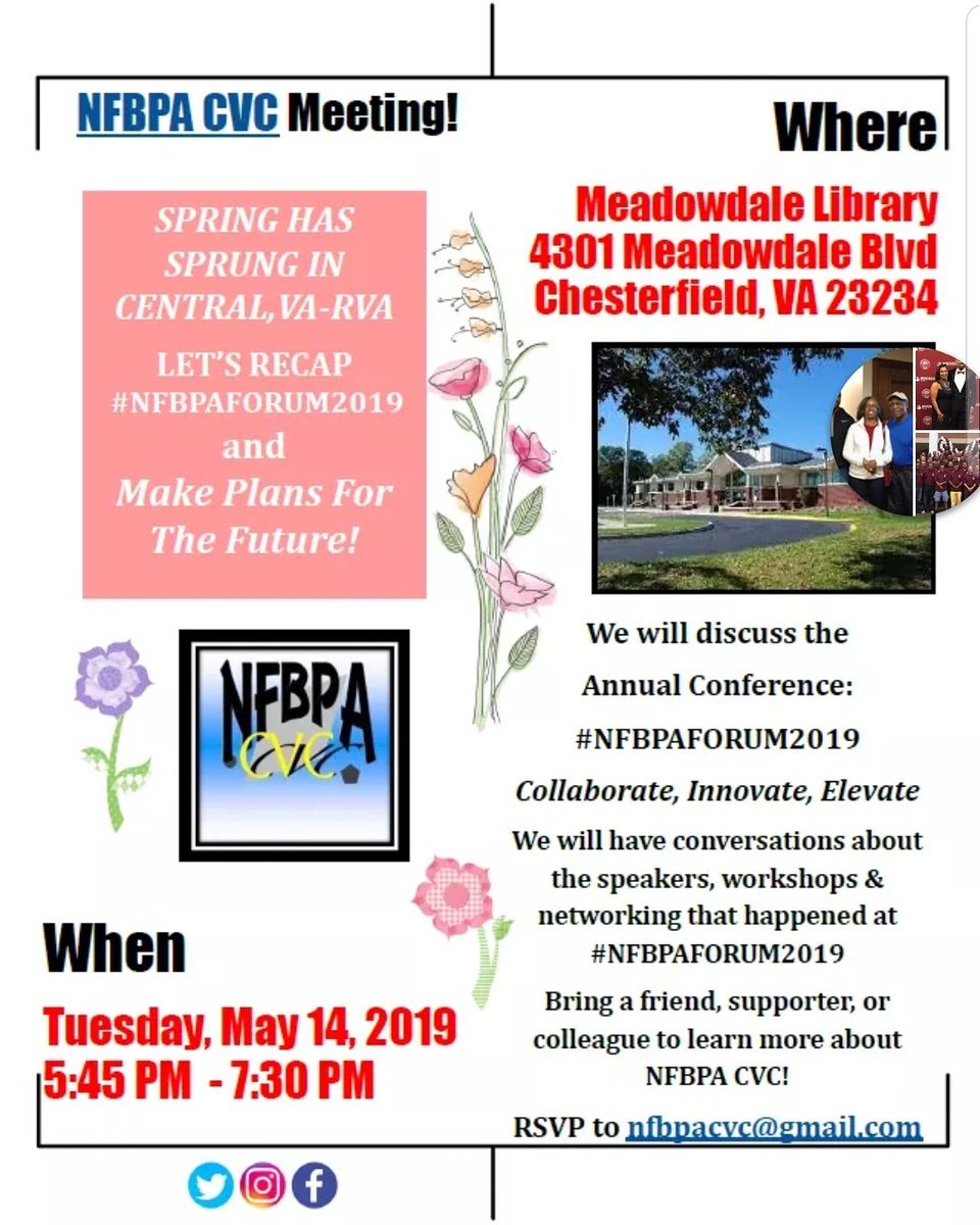 NFBPACVC's tweet photo. Reminder Tomorrow @NFBPACVC Meeting "SPRING HAS SPRUNG IN
CENTRAL,VA-RVA
 LET’S RECAP
#NFBPAFORUM2019 &amp;
Make Plans For The Future!
@nfbpa1 @ELGL50 @UNCFVirginiaRVA @rvaparksandrec @CityRichmondVA @VisitCVA @WFFScholarship @rvaparksandrec @VAUnion1865 @VSUTrojans https://t.co/zSiNPYabUI