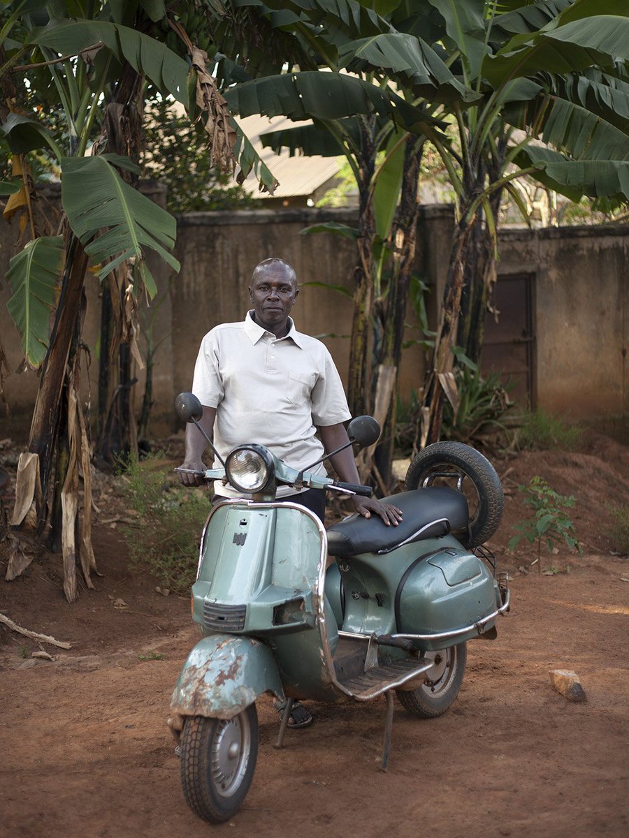 ICPhotog's tweet photo. Ariel Tagar photographed Vespa lovers in Kampala, Uganda. These men proudly restore and ride their beloved motorbikes amidst scarce spare parts and road-side heckles. See photos from "Uganda's Vespa Club" during #ICPprojected. https://t.co/NuY3sRuhYW https://t.co/nP7qHphFjs