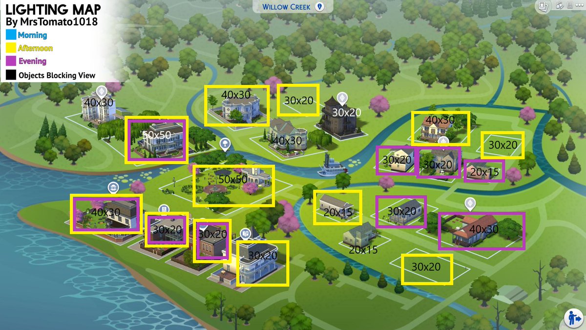 MrsTomato1018's tweet photo. I went through every single lot in #TheSims4 and found out the best lighting for gallery thumbnails for each lot and which lots have the possibility of world objects blocking the view on the gallery! Then I made maps to show my findings! #TheSims #Sims #ShowUsYourBuilds https://t.co/tIWpg91ngt
