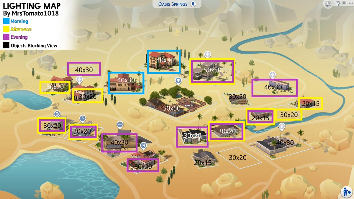 MrsTomato1018's tweet photo. I went through every single lot in #TheSims4 and found out the best lighting for gallery thumbnails for each lot and which lots have the possibility of world objects blocking the view on the gallery! Then I made maps to show my findings! #TheSims #Sims #ShowUsYourBuilds https://t.co/tIWpg91ngt