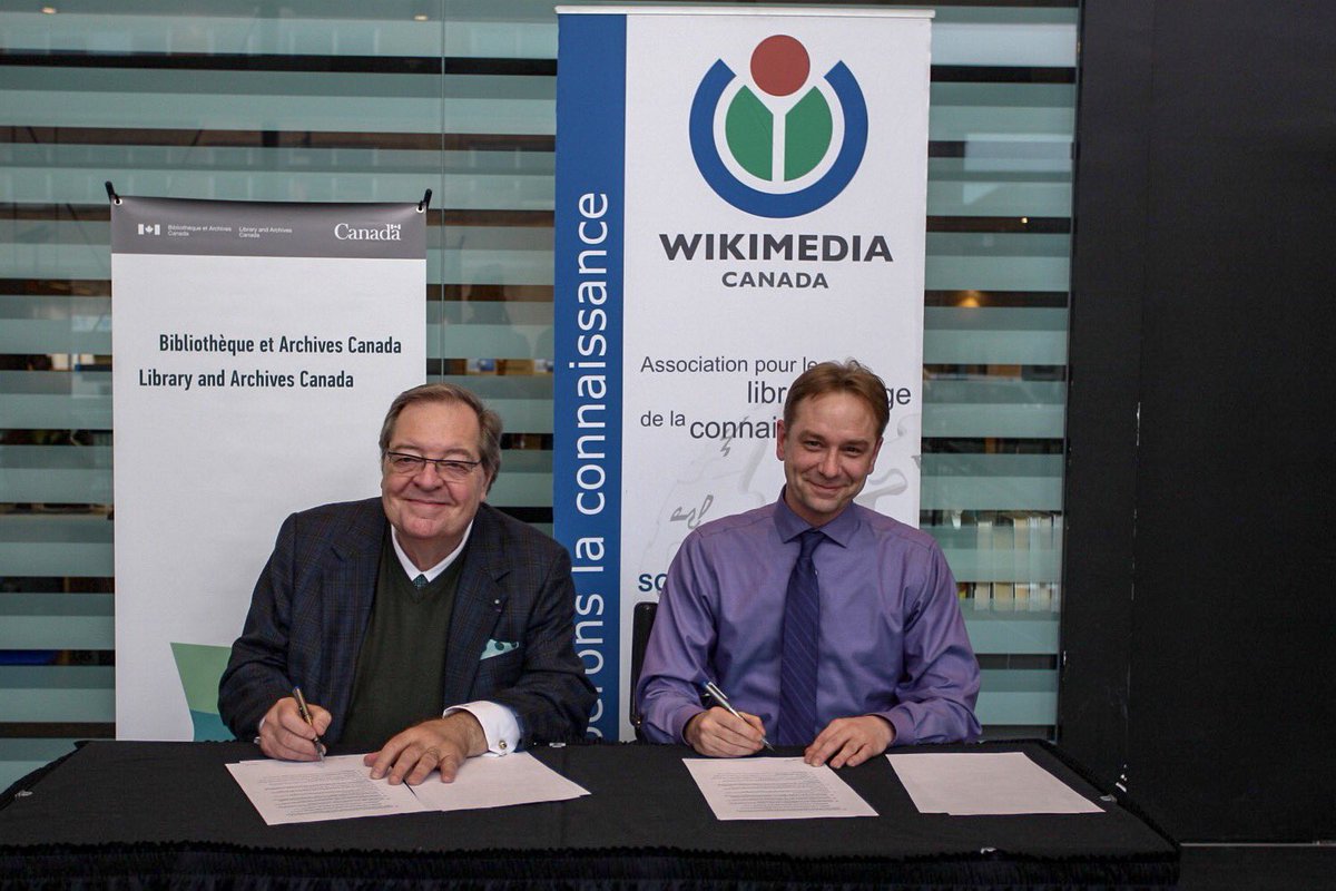 Wikimedia Canada is at the #GLAM2019 summit in Montreal and we are very happy to announce that today we signed a Memorandum of understanding with <a href="/LibraryArchives/">Library and Archives Canada</a> !