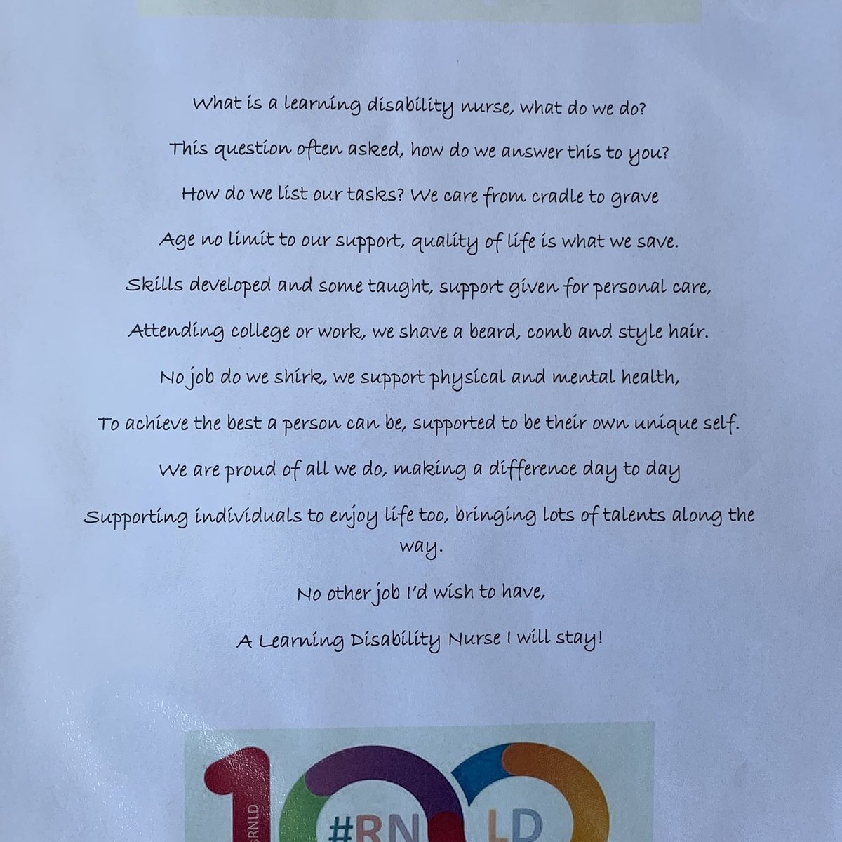 ClaireR717's tweet photo. A little poem I wrote, proud to be a learning disability nurse. #100yearsLDnursing https://t.co/sQh68ac0jj