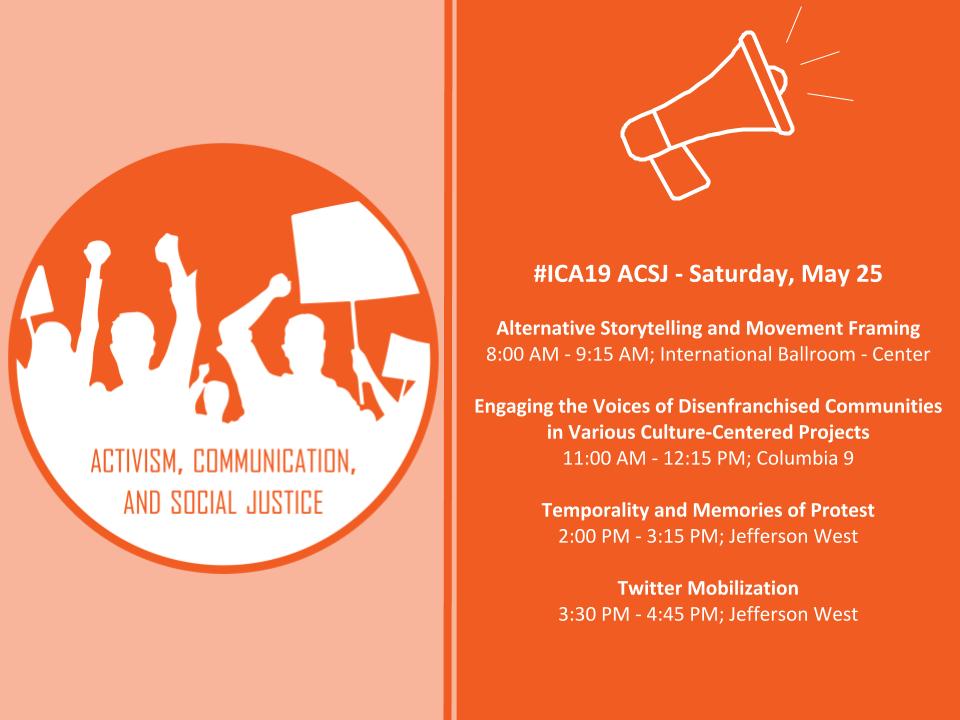 AcsjIca's tweet photo. #ICA19 is just 10 days away! Here’s our #ACSJ_ICA lineup for Saturday. Find the complete list of ACSJ panels, meetings, and events here: https://t.co/H4nUFO0Vbg https://t.co/Z4Vq8c4ThK