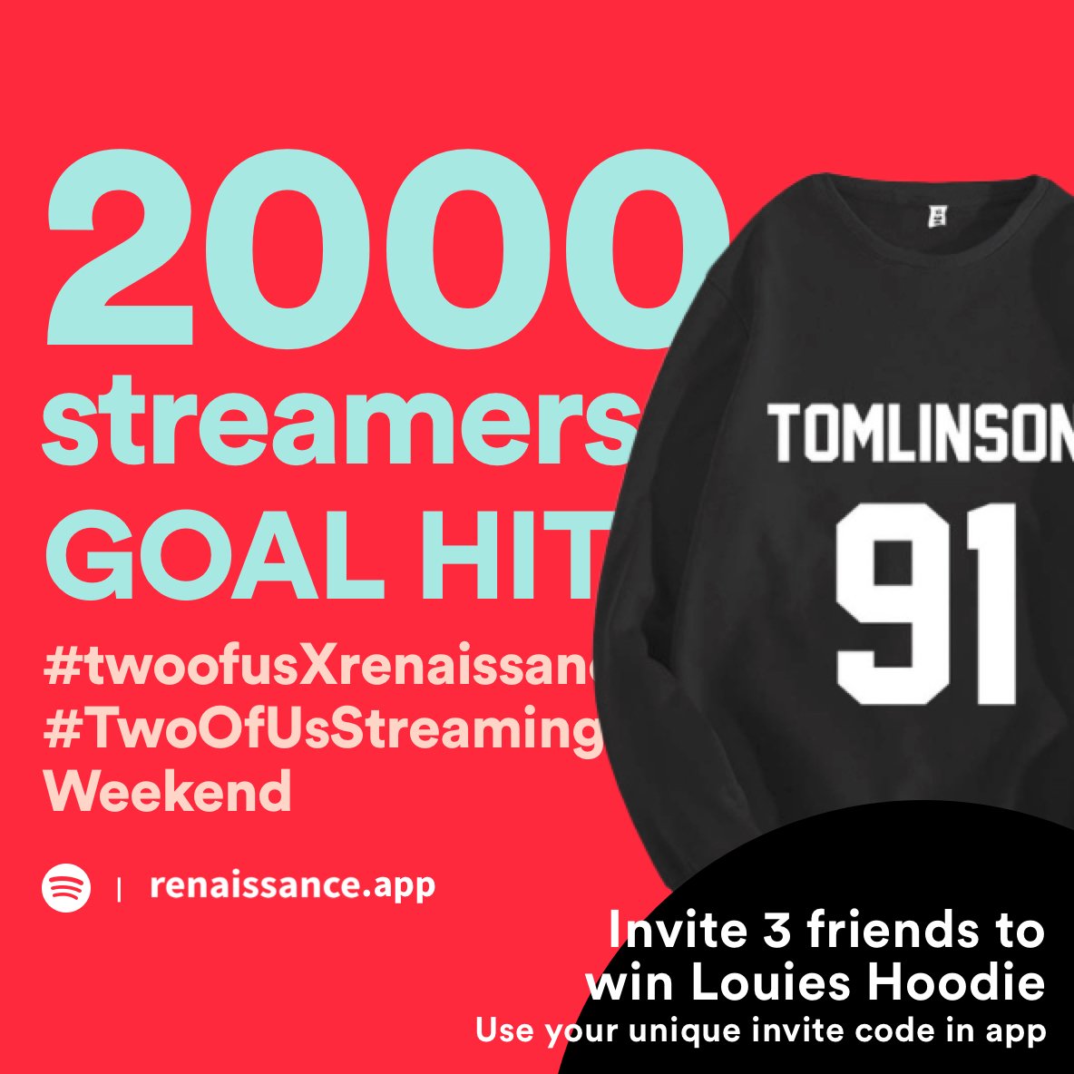 renaissanceapp's tweet photo. ⏱Only ~6 hours left for the party. Invite 3 friends by then to win a Louis hoodie! Let's get more people to listen to this gem. You can find your unique invite code on your profile screen. Live status: https://t.co/UEzM4pE6cF #TwoOfUsStreamingWeekend #twoofusXrenaissance https://t.co/7bO1J7ZbrA