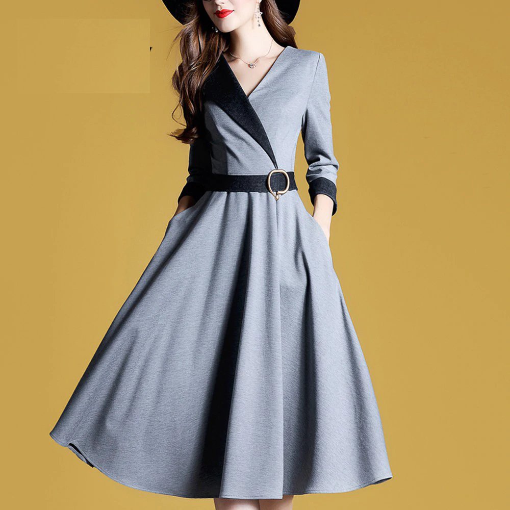 #dameklaer_salg Vintage Kjoler Fashion high Street midjebelte Slim Partiet Kontor Lady Elegant Midi langermet kjole jente