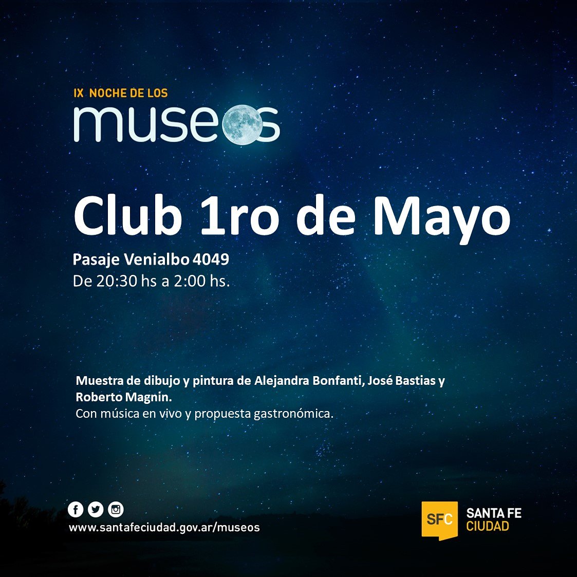 1roClub's tweet photo. Una vez más, nos sumamos a #LaNocheDeLosMuseos de @SantaFeCiudad con arte, música y gastronomía. Este sábado a la noche, pasa por nuestro querido Club! https://t.co/7kx8fuaNSr